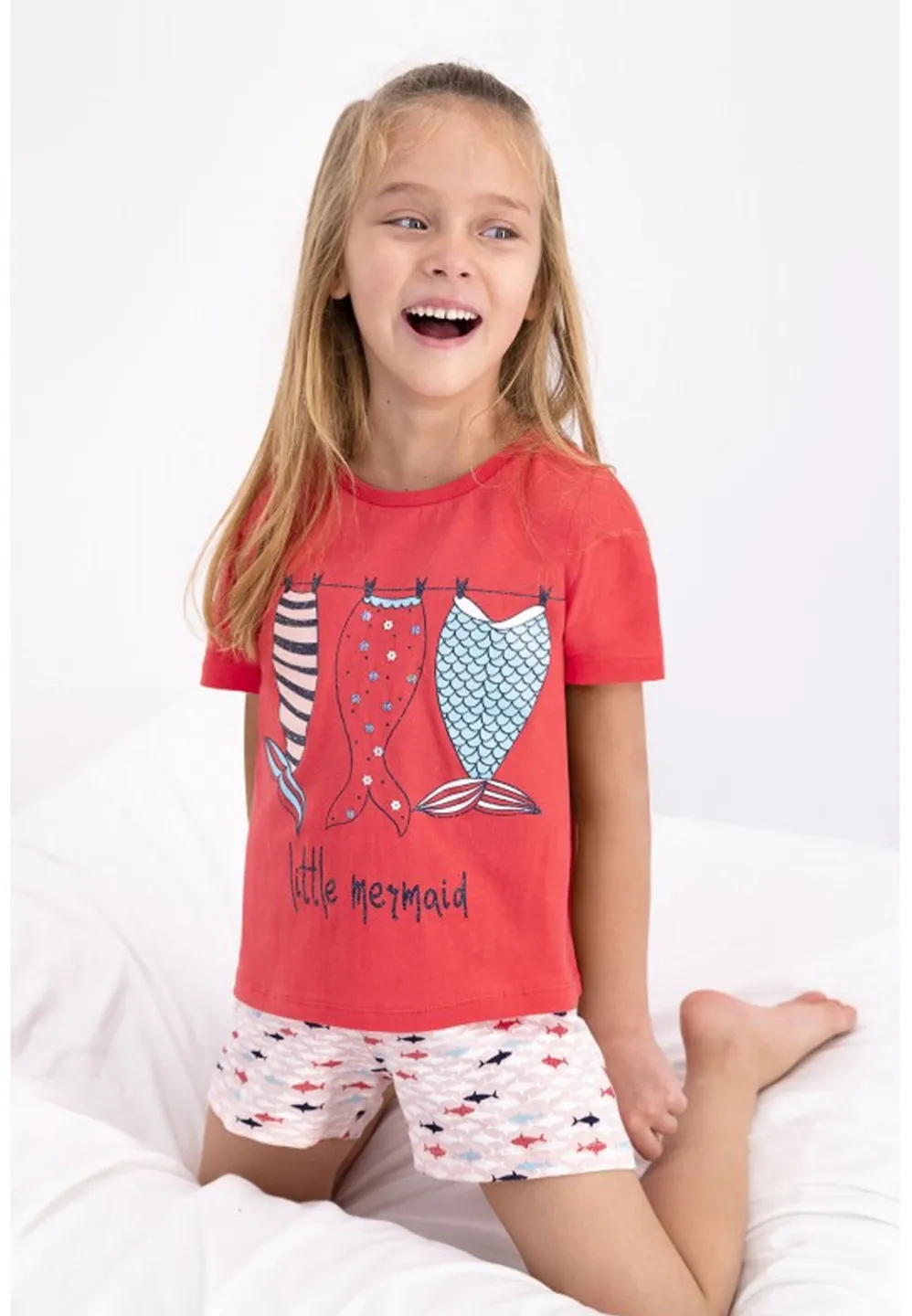 Pijama fetițe cu tricou și șort, imprimeu pești, Rosu - 1