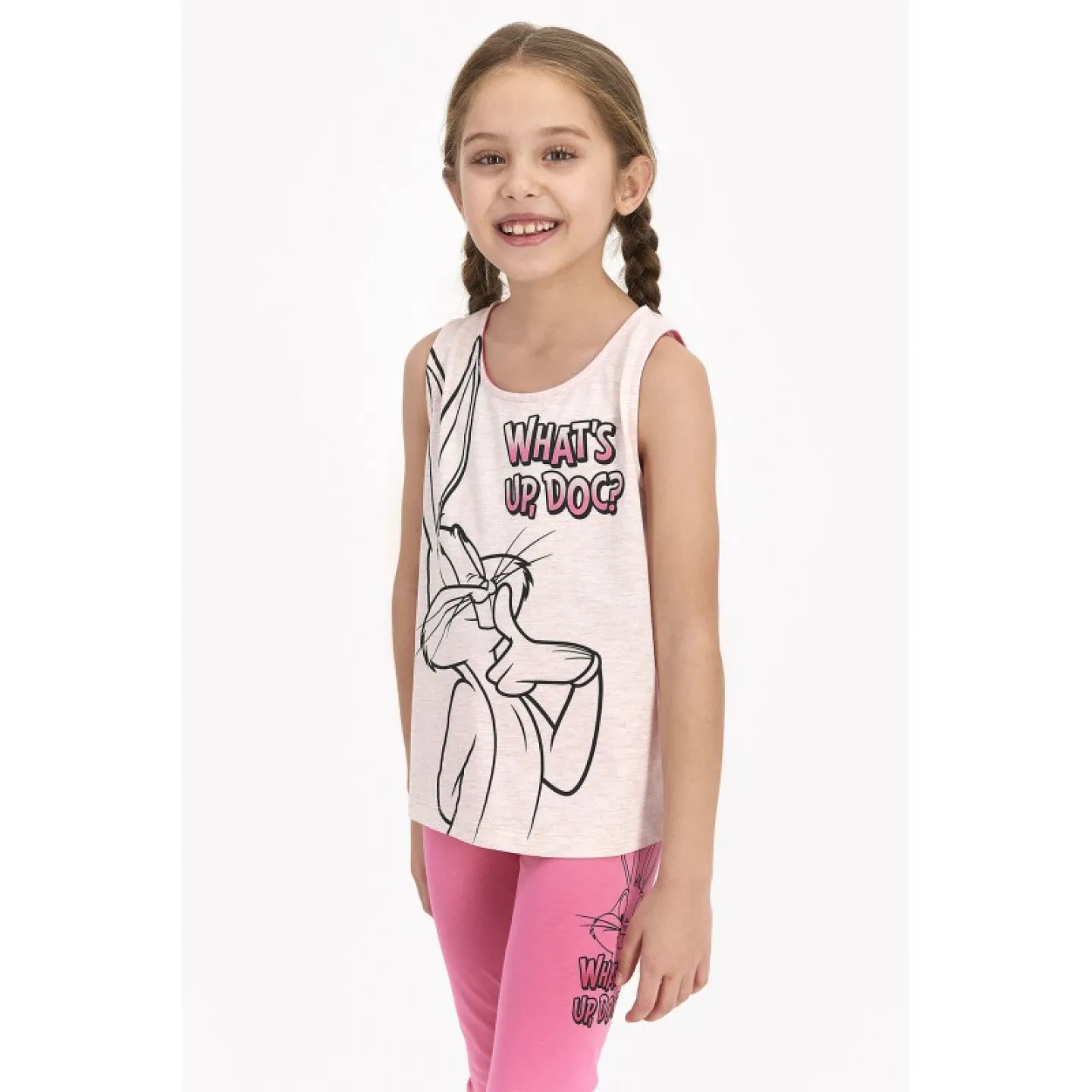 Pijama copii cu maiou si pantaloni trei sferturi, imprimeu Looney Tunes, roz - 1