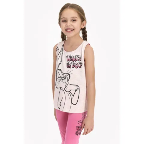 Pijama copii cu maiou si pantaloni trei sferturi, imprimeu Looney Tunes, roz