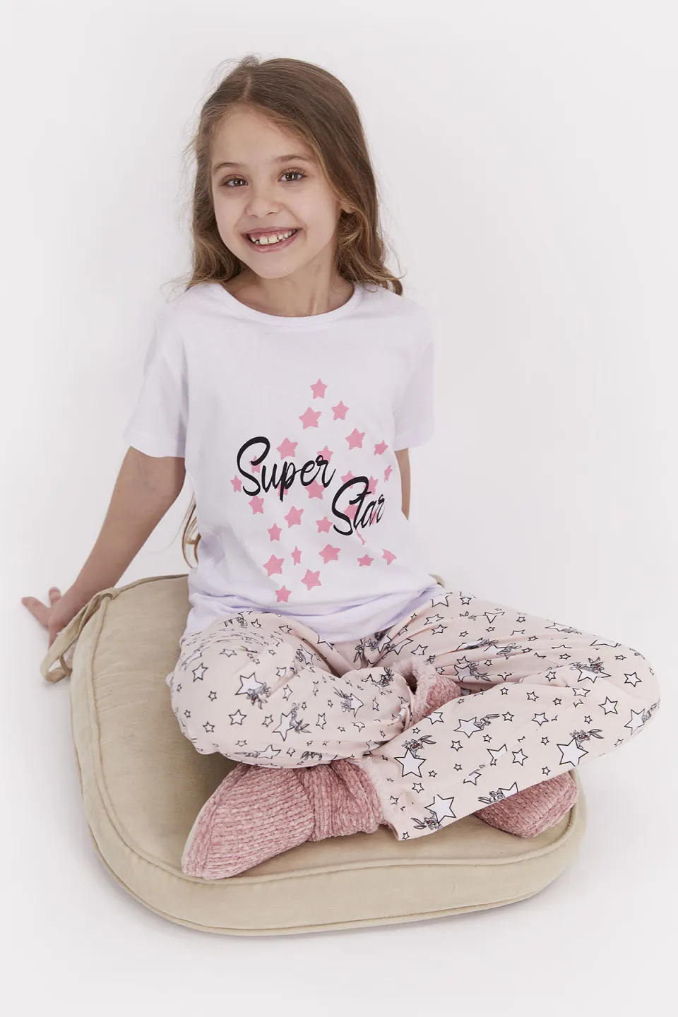 Pijama pentru copii cu tricou și pantaloni lungi, imprimeu cu mesaj și stelute, Alb - 2