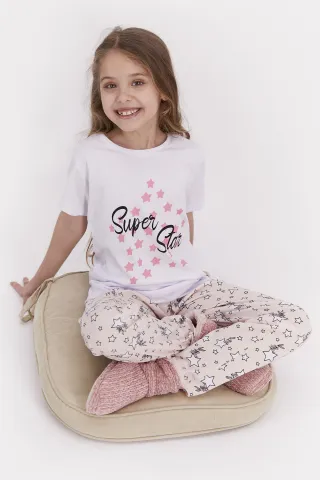 Pijama pentru copii cu tricou și pantaloni lungi, imprimeu cu mesaj și stelute, Alb hover