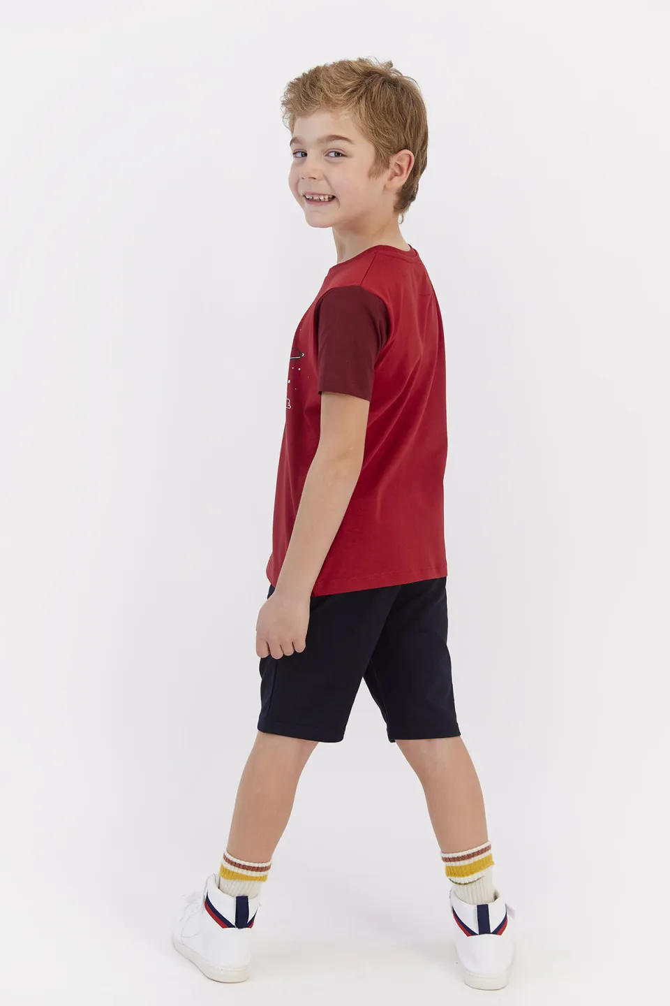 Pijama copii din bumbac cu tricou și pantaloni trei sferturi, imprimeu cosmonaut, rosu - 3