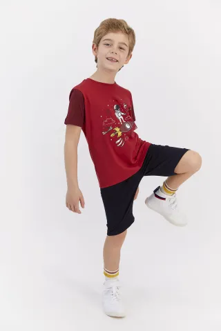 Pijama copii din bumbac cu tricou și pantaloni trei sferturi, imprimeu cosmonaut, rosu hover