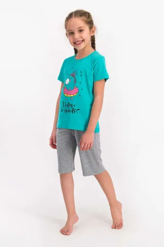 Pijama copii cu tricou și pantaloni trei sferturi, imprimeu unicorn, Turcoaz hover