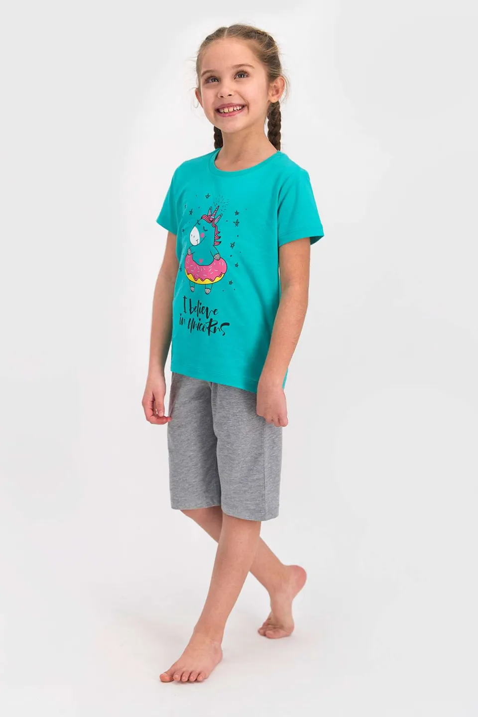 Pijama copii cu tricou și pantaloni trei sferturi, imprimeu unicorn, Turcoaz - 1