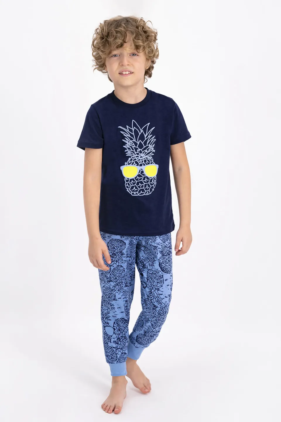 Pijama copii cu tricou și pantaloni lungi, imprimeu ananas, Bleumarin - 1
