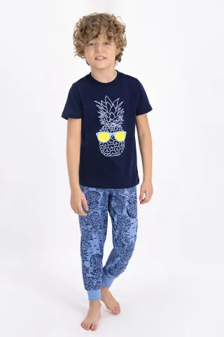 Pijama copii cu tricou și pantaloni lungi, imprimeu ananas, Bleumarin