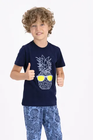 Pijama copii cu tricou și pantaloni lungi, imprimeu ananas, Bleumarin hover