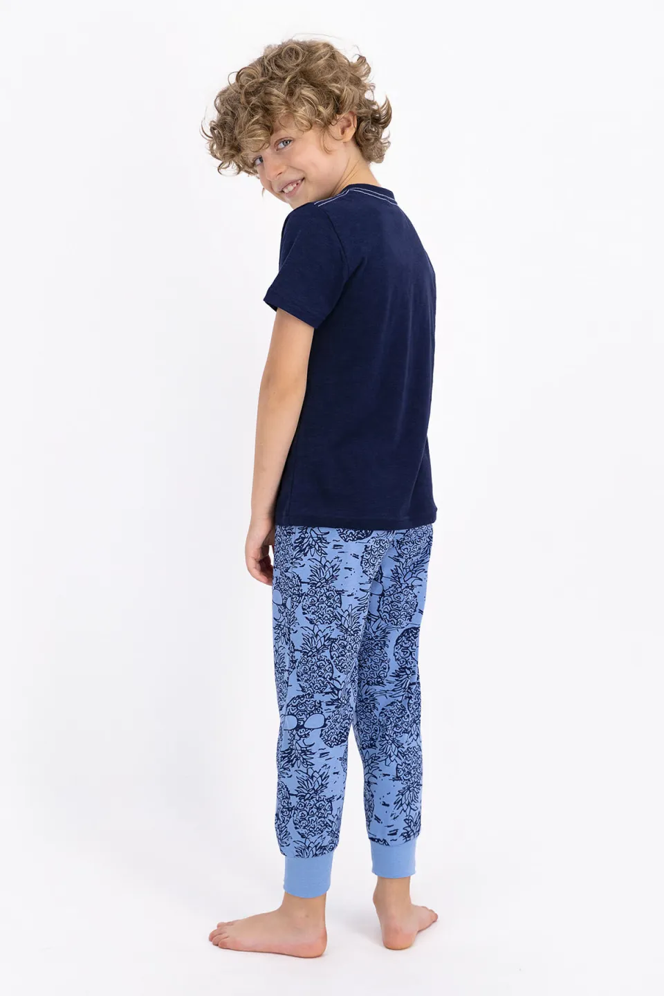 Pijama copii cu tricou și pantaloni lungi, imprimeu ananas, Bleumarin - 3