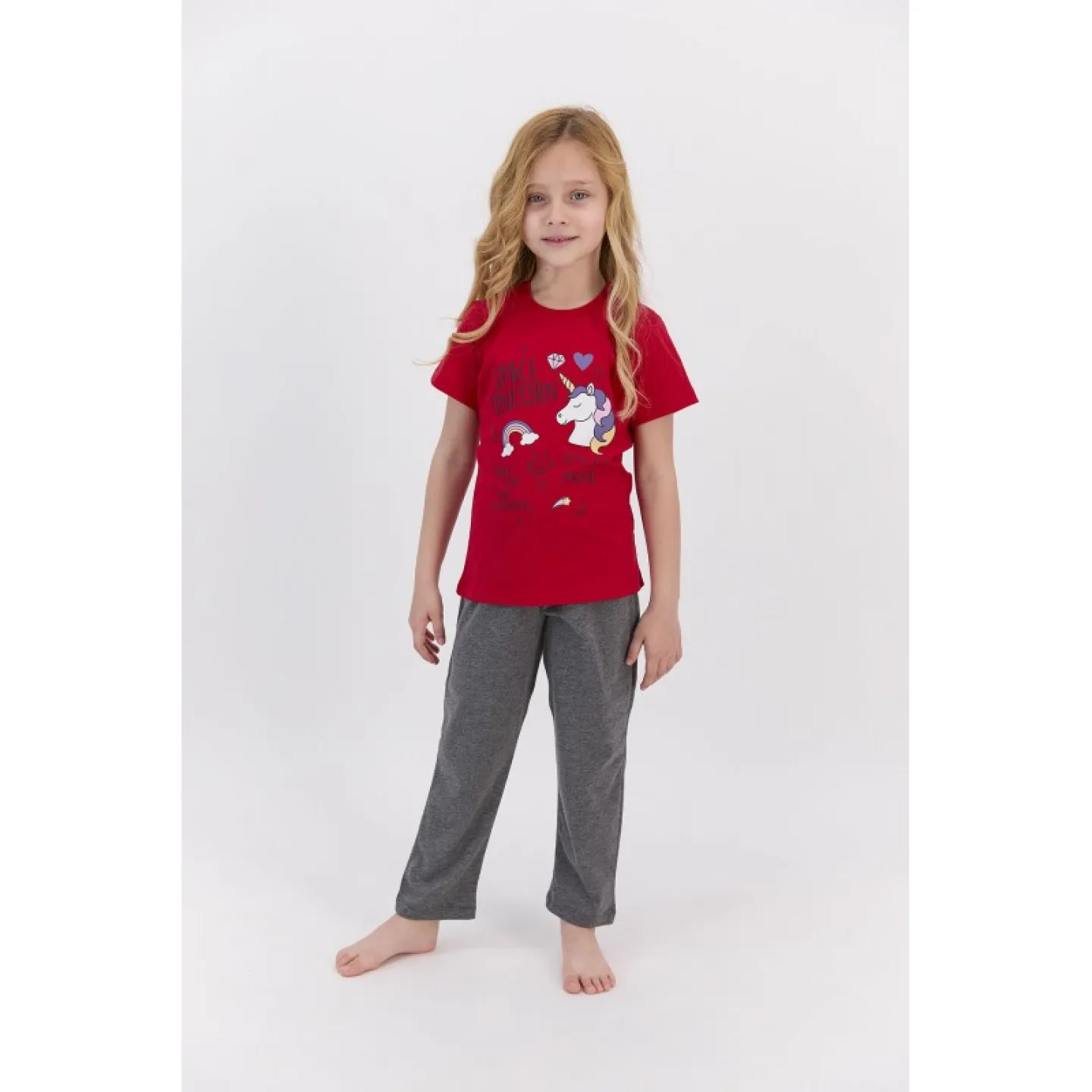 Pijama pentru fetițe cu mânecă scurtă și pantaloni lungi, imprimeu Space Unicorn, rosu - 1