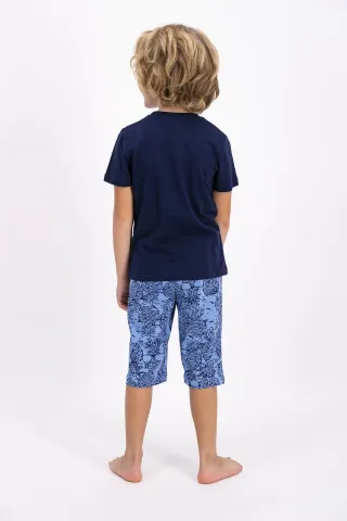 Pijama copii cu tricou și pantaloni trei sferturi, imprimeu ananas, culoare bleumarin hover