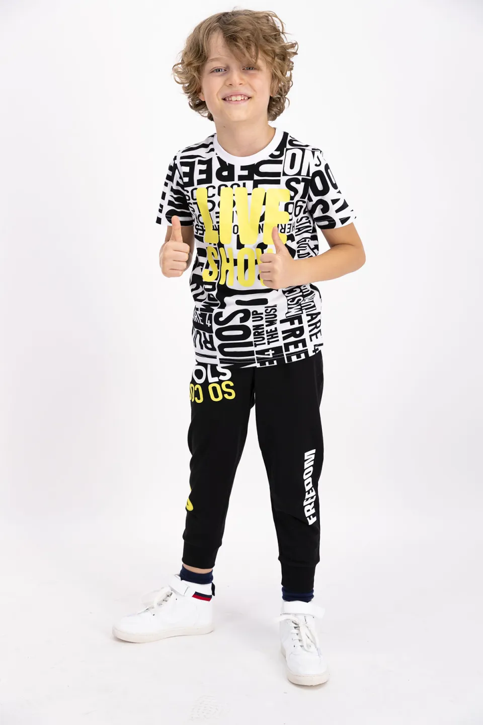 Pijama copil cu tricou și pantaloni lungi, imprimeu cifre, Alb - 1