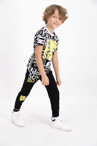 Pijama copil cu tricou și pantaloni lungi, imprimeu cifre, Alb hover