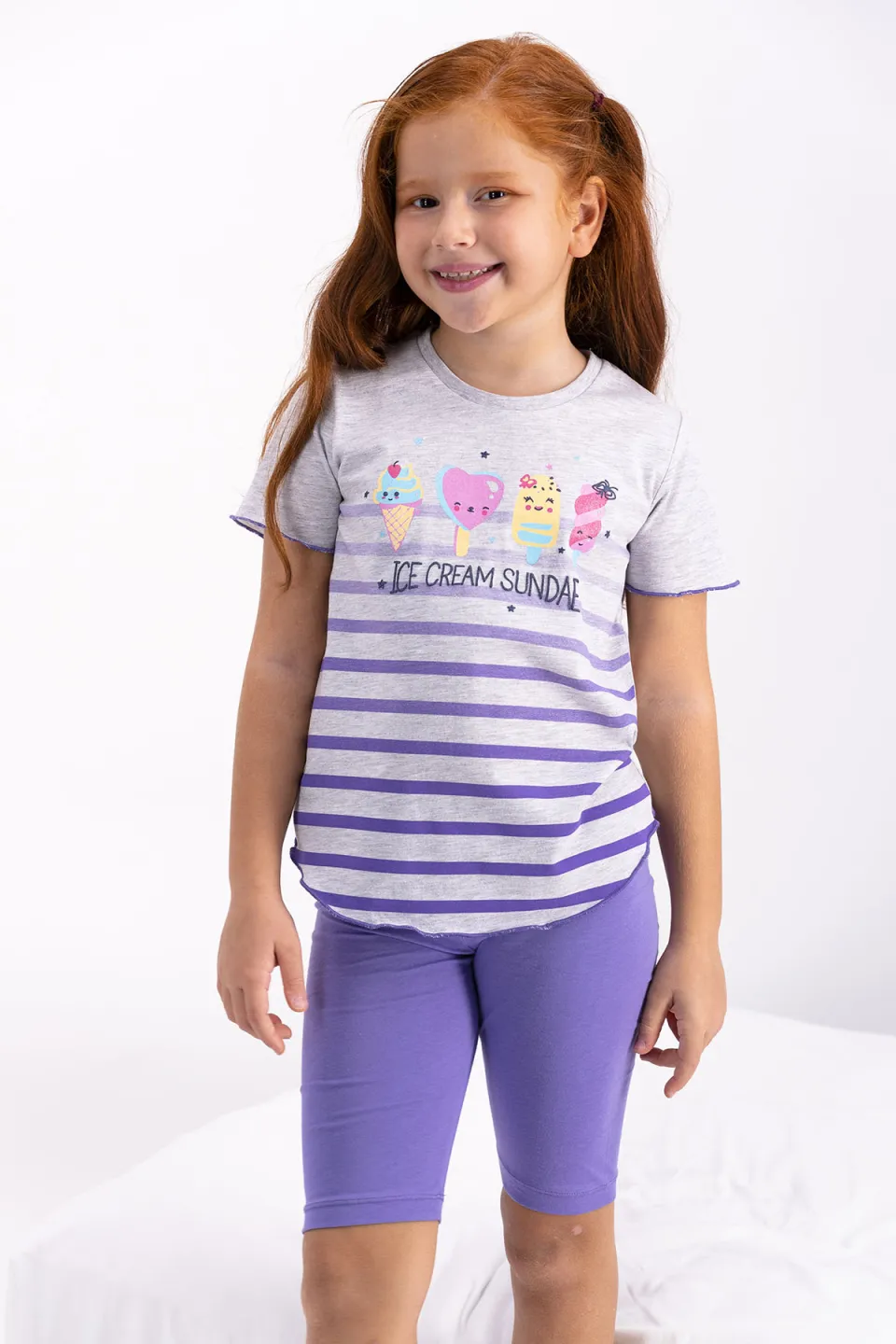 Pijama fetițe cu tricou și pantaloni trei sferturi, imprimeu înghețată, mov - 2