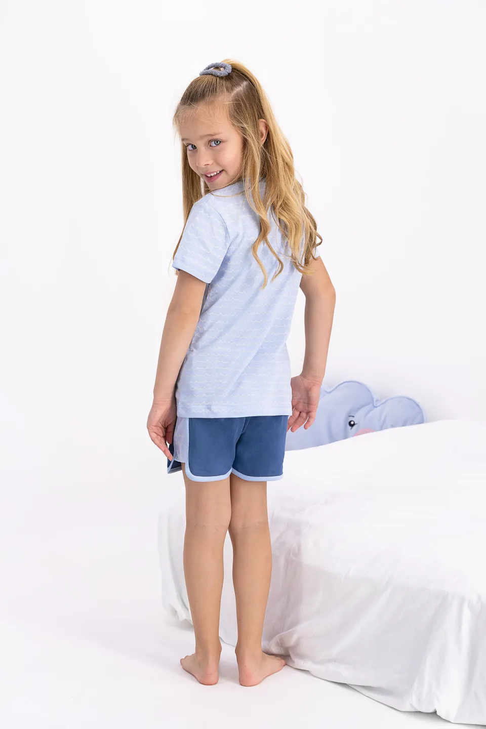 Pijama fetițe cu tricou și pantaloni scurți, imprimeu balenă, Albastru - 2