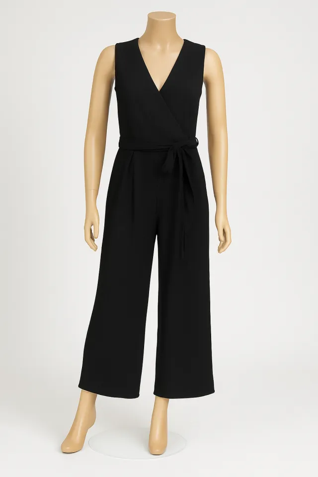 Salopetă damă creponată,  maiou si pantaloni lungi evazați, negru