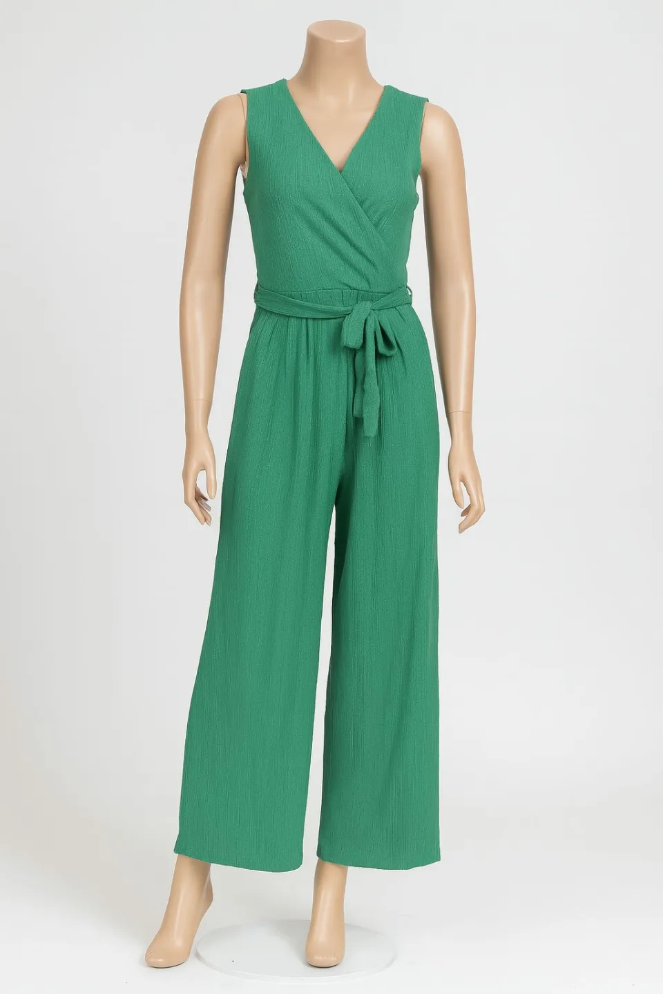 Salopetă damă creponată,  maiou si pantaloni lungi evazați, verde - 1