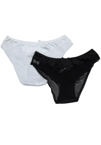 Set 2 perechi chiloți damă satin alb și negru cu dantelă și fundiță hover