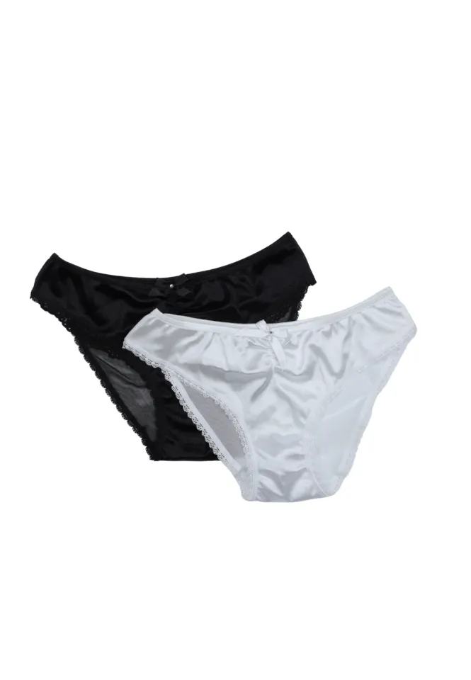 Set 2 perechi chiloți damă satin alb și negru cu dantelă și fundiță