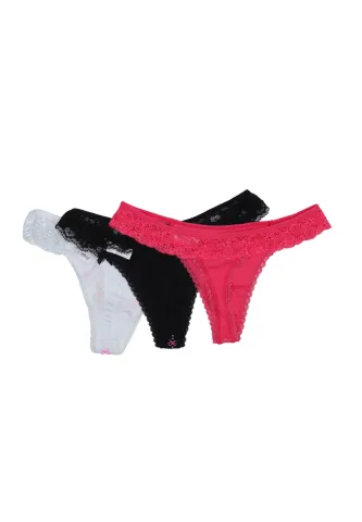 Set 3 chiloți tanga cu fundițe și dantelă – alb, roz, negru – mărime unică hover
