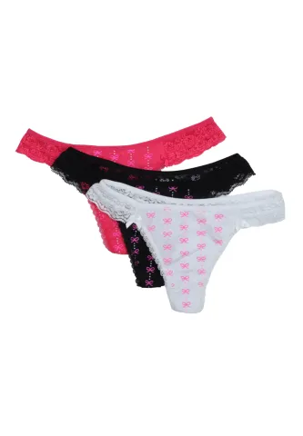 Set 3 chiloți tanga cu fundițe și dantelă – alb, roz, negru – mărime unică