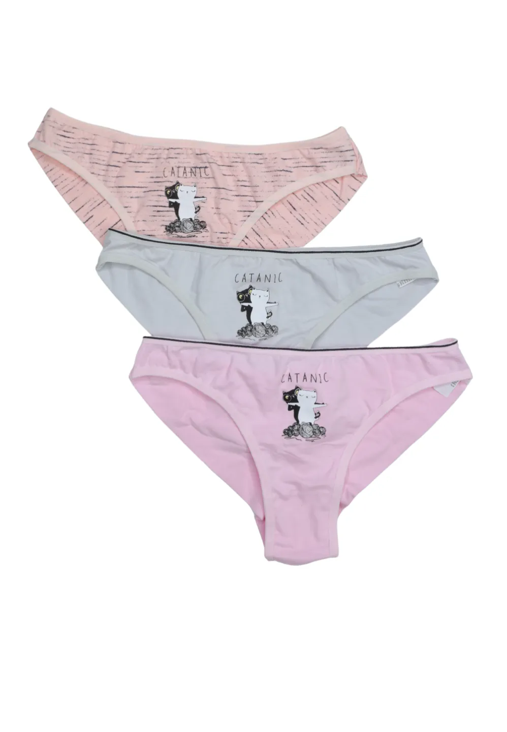 Set 3 perechi chiloți damă brazilieni – culori roz, piersică și gri, imprimeu pisici - 1