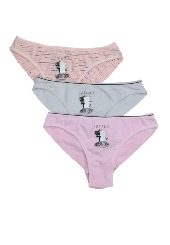 Set 3 perechi chiloți damă brazilieni – culori roz, piersică și gri, imprimeu pisici