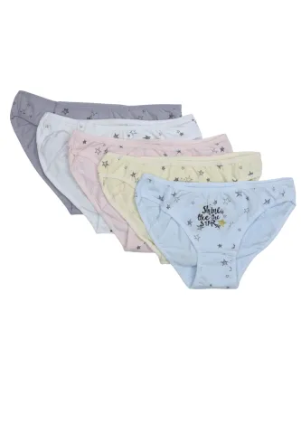 Set 5 perechi chiloți clasici damă – culori roz, galben, alb, gri și albastru deschis, imprimeu steluțe și lună