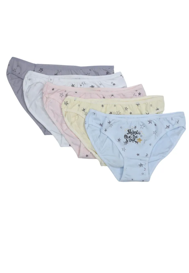 Set 5 perechi chiloți clasici damă – culori roz, galben, alb, gri și albastru deschis, imprimeu steluțe și lună