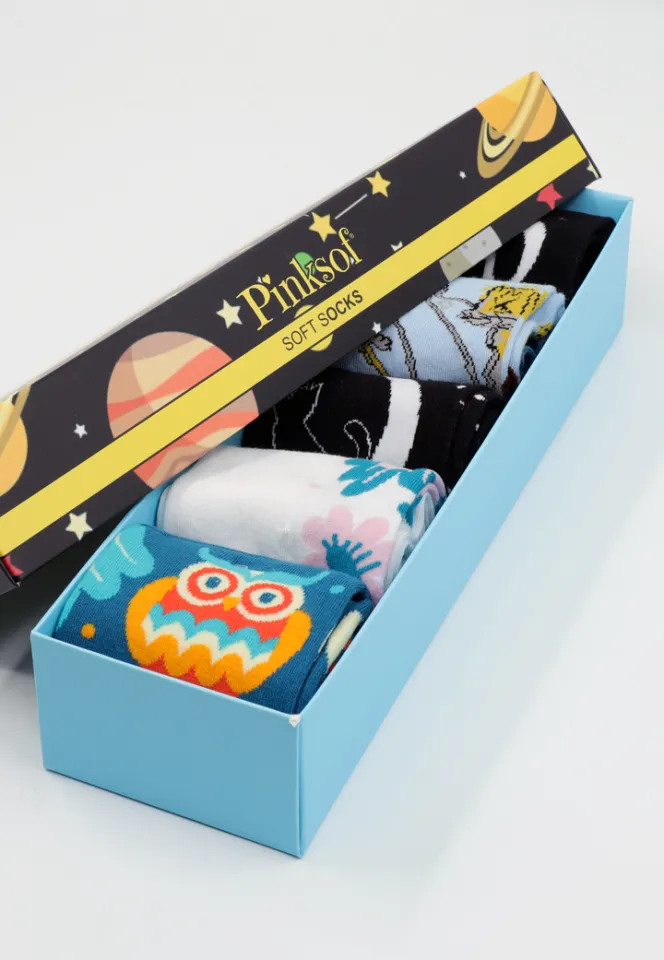 Set 5 Perechi Șosete Damă Serena – Multicolore, cu Imprimeuri Vesele, în Cutie Cadou