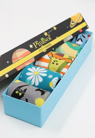 Set 5 Perechi Șosete Damă Serena – Multicolore, cu Imprimeuri Vesele, în Cutie Cadou