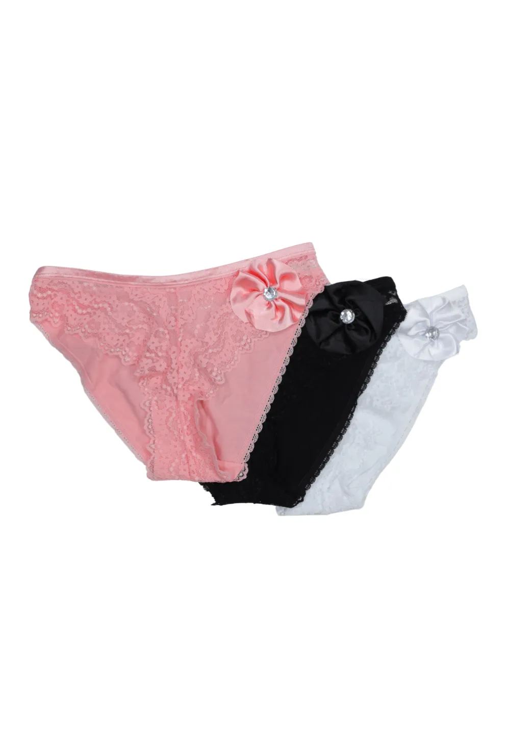 Set chiloți damă clasici cu dantelă și floare decorativă – culori roz, alb și negru - 1