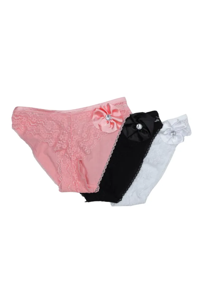 Set chiloți damă clasici cu dantelă și floare decorativă – culori roz, alb și negru