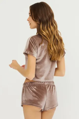 Set damă Cottonhill, tricou și short din catifea, Cafeniu hover