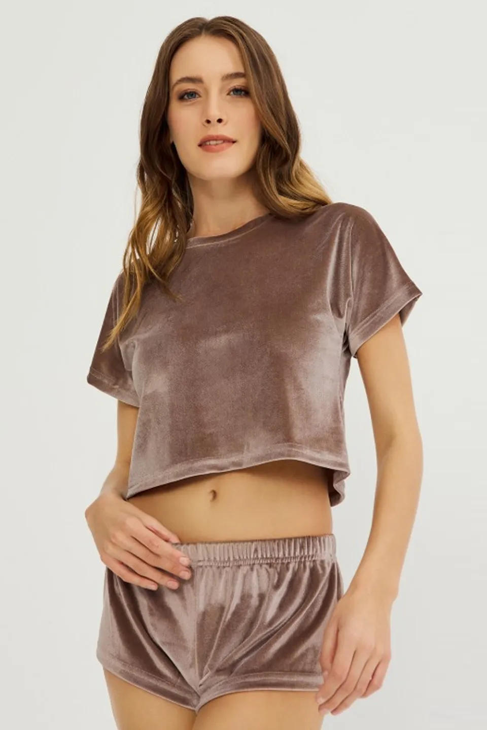 Set damă Cottonhill, tricou și short din catifea, Cafeniu - 1