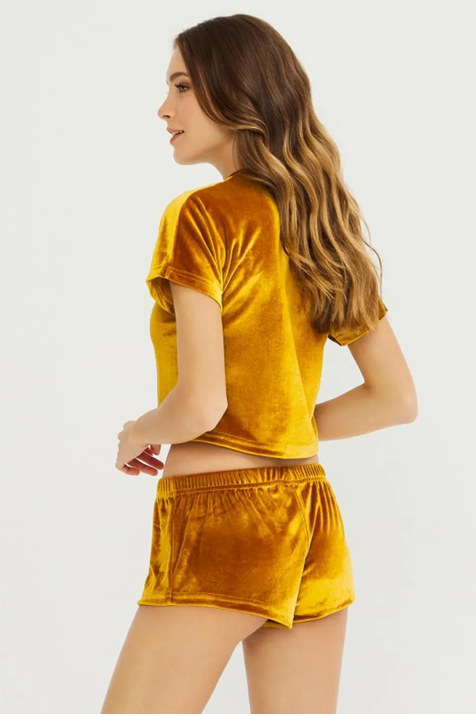 Set damă Cottonhill, tricou și short din catifea, Galben - 2