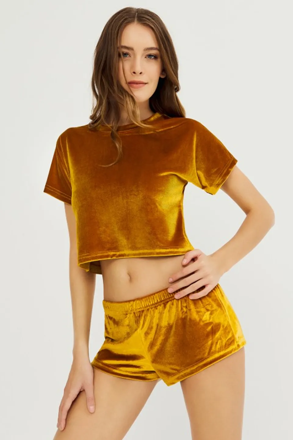 Set damă Cottonhill, tricou și short din catifea, Galben - 1
