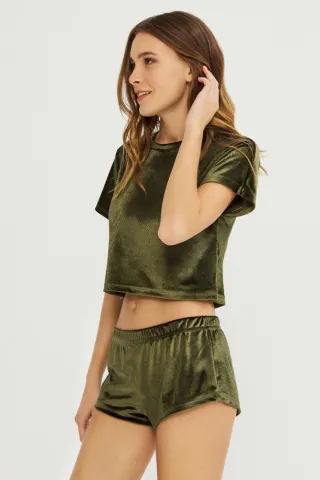 Set damă Cottonhill, tricou și short din catifea, Kaki hover