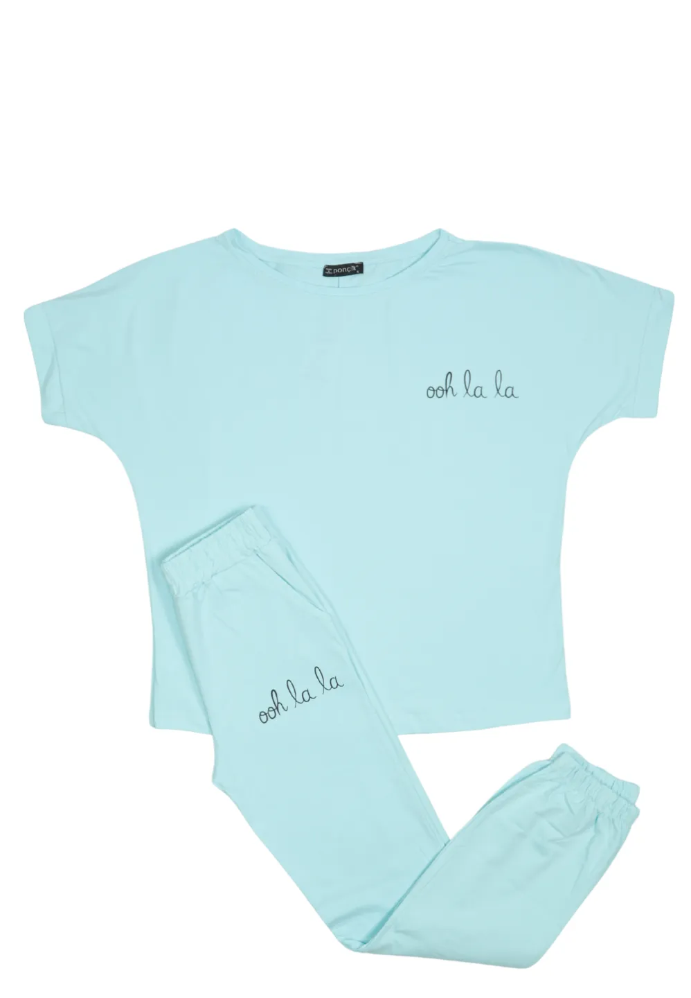 Set damă cu tricou și pantaloni lungi, bumbac- albastru deschis - 1