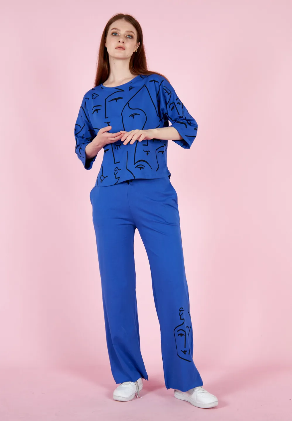 Set damă cu tricou și pantaloni lungi evazați, bumbac- albastru - 1