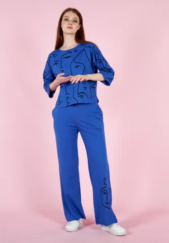 Set damă cu tricou și pantaloni lungi evazați, bumbac- albastru