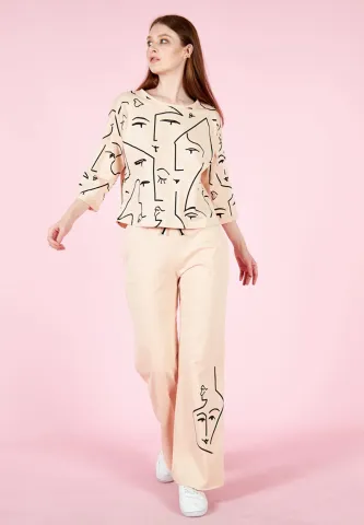 Set damă cu tricou și pantaloni lungi evazați, bumbac- crem