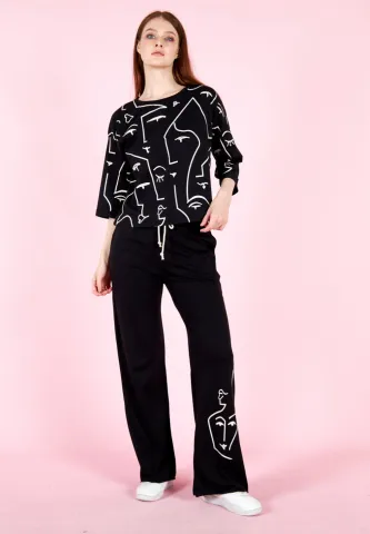 Set damă cu tricou și pantaloni lungi evazați, bumbac- negru