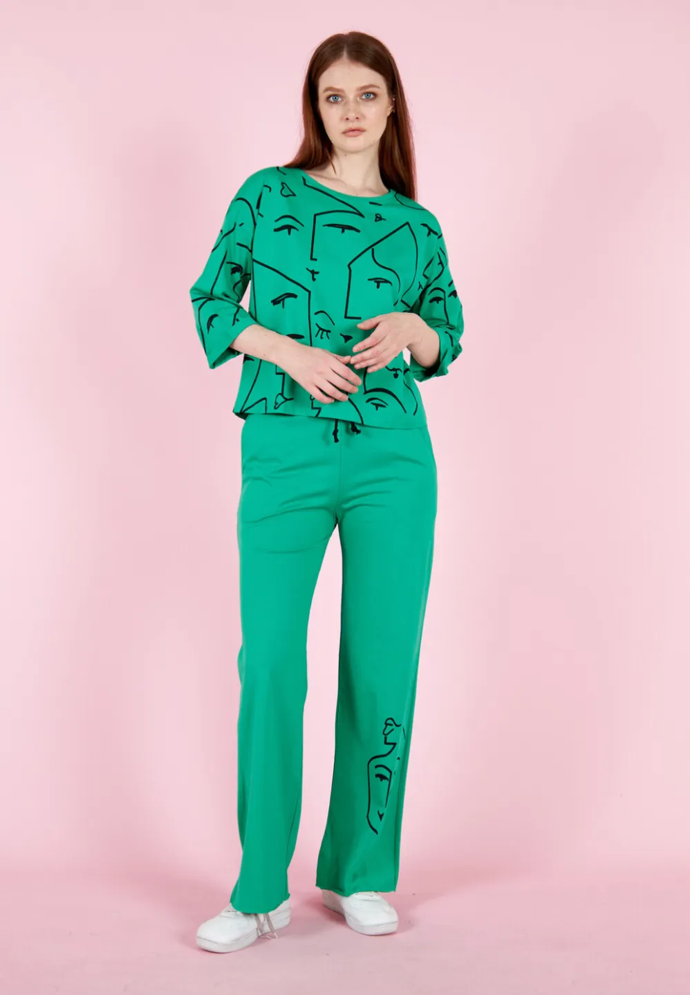 Set damă cu tricou și pantaloni lungi evazați, bumbac- verde - 1