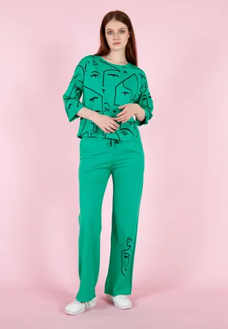 Set damă cu tricou și pantaloni lungi evazați, bumbac- verde