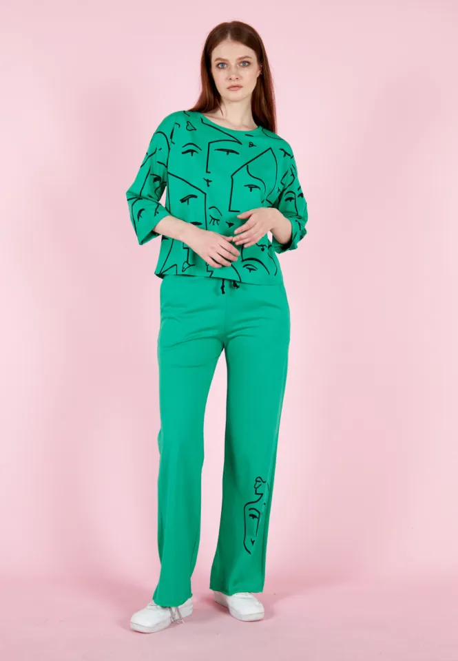 Set damă cu tricou și pantaloni lungi evazați, bumbac- verde