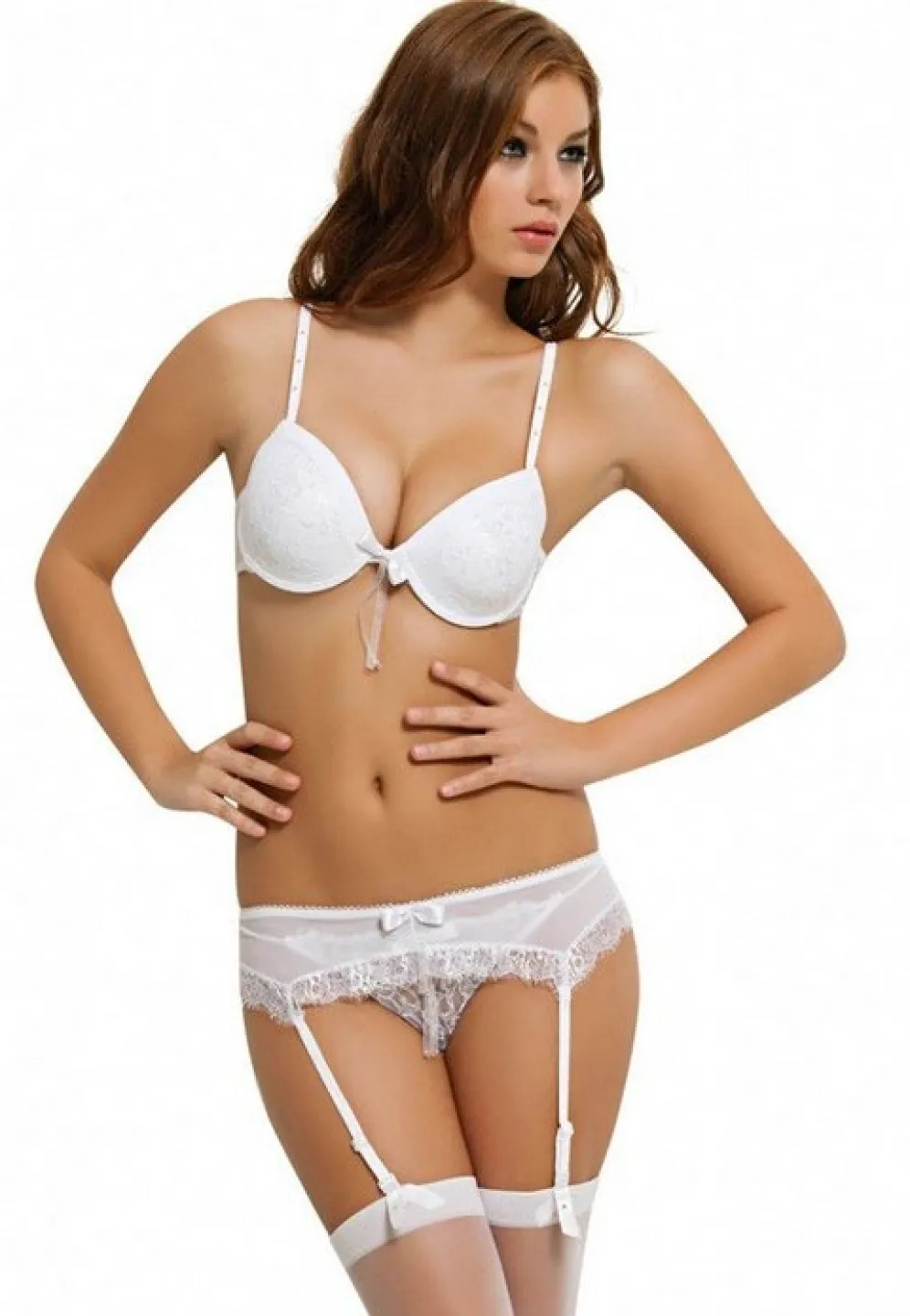 Set lenjerie albă 4 piese – Sutien, chilot tanga, centură &amp; jartieră cu dantelă - 1
