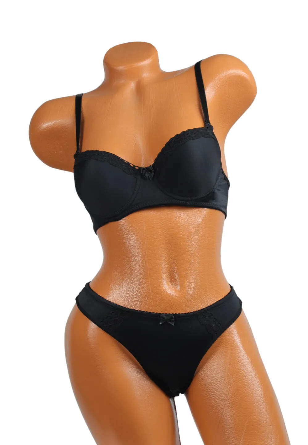 Set lenjerie negru cu dantelă – Sutien push-up &amp; chilot tanga - 1