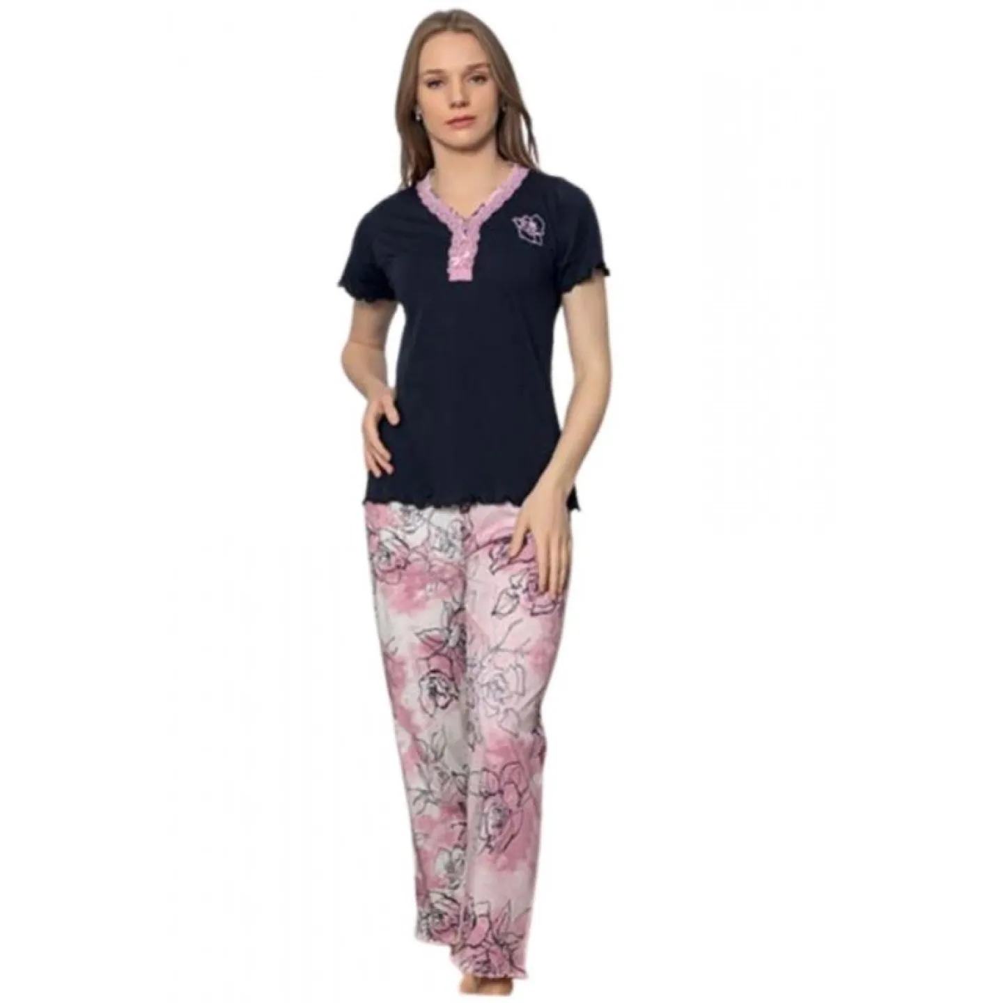 Set pijamale dama cu imprimeu frunza, bluza maneca scurta si pantaloni lungi, culoare negru - 1