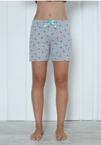 Short damă pijama din bumbac, gri, imprimeu flori albastre